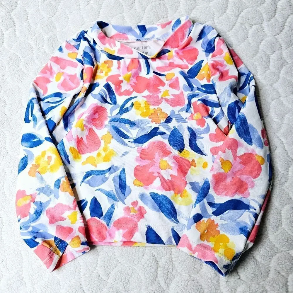 Carter's swimsuit set floral watercolor rashguard hat bottoms 24M 24 months - Picture 2 of 8
